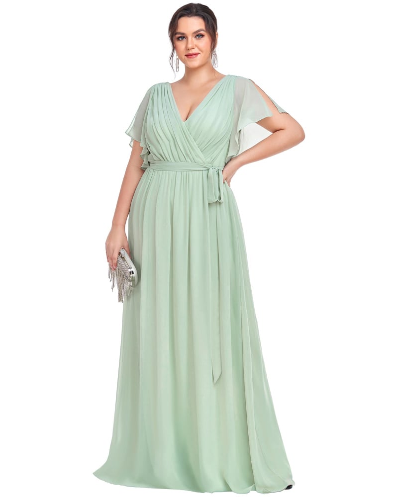 Front of a model wearing a size 18 A-Line Pleated Chiffon Tie-Waist Evening Dress in Mint Green by Ever-Pretty. | dia_product_style_image_id:301664